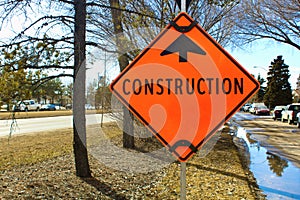 Temporary construction ahead sign on a side street