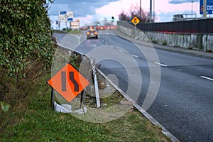 Temporary road sign indication road narrowing from right, Dublin, Ireland