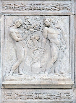 Temptation, Genesis relief on portal of Saint Petronius Basilica in Bologna