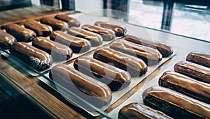 Delicious Chocolate Eclairs in a Bakery Display Case