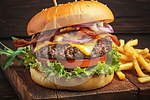 Tempting burger beef, bacon, cheese, lettuce, tomato on bun
