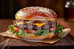 Tempting burger fresh and tasty on a rustic wooden table