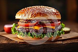Tempting burger fresh and tasty on a rustic wooden table