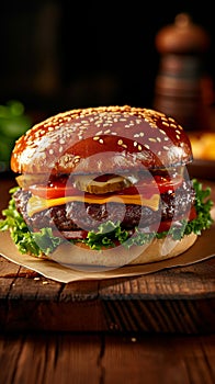 Tempting burger fresh and tasty on a rustic wooden table