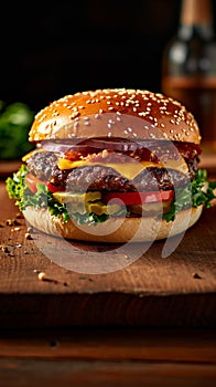 Tempting burger fresh and tasty on a rustic wooden table