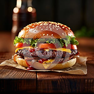 Tempting burger fresh and tasty on a rustic wooden table