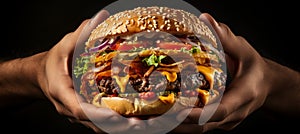 Tempting burger ready to devour close up studio shot for advertising with text space on left side