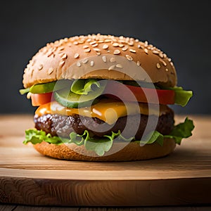 Tempting Cheeseburger with Beef Patty on Wooden Plate