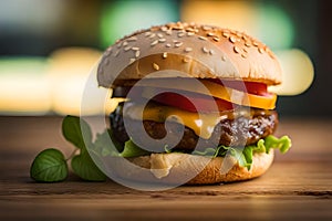 Tempting Cheeseburger with Beef Patty on wooden table