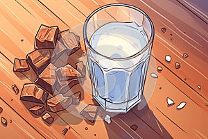 a tempting close-up of unsweetened, dark chocolate pieces near a glass of milk