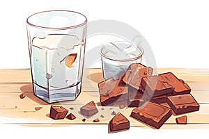 a tempting close-up of unsweetened, dark chocolate pieces near a glass of milk