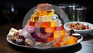 A tempting display of multicolored confections showcased on a polished silver platter, eid and ramadan images