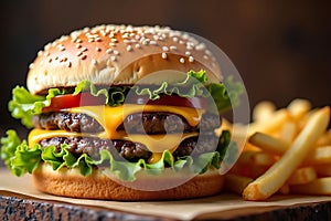 A tempting double cheeseburger oozing with melted cheddar ready to devour with golden fries on rustic wood focus stacking photo