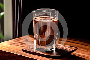 a tempting glass of rich chocolate milk, invitingly placed on a rustic wooden table.