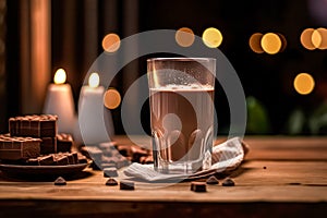 a tempting glass of rich chocolate milk, invitingly placed on a rustic wooden table.