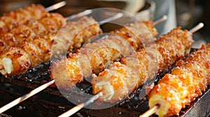 Tempting golden brown corn dogs sizzling in the deep fryer, ready to enjoy as a delightful treat