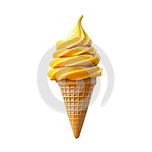Delicious Golden Yellow Soft Serve Ice Cream Cone Joy Fun Food Cold Sweet Treat Tasty isolated on white background photo