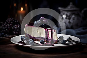 Delicious cake or cheesecake decorated with blueberries and a blueberry glaze, all set against a beautiful dark background.