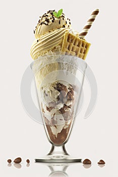 Crema coppa di gelato con frutta scapole bicchiere una ciotola tazza un cioccolato salsa,, eccellente crema dolce 