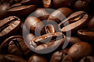 A tempting mound of freshly roasted coffee beans, perfect for brewing a revitalizing cup of aromatic morning coffee, Close-up