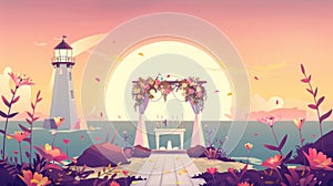 Tempting outdoor setup of an evening wedding ceremony at sunset with an altar draped under an arch and decorated with