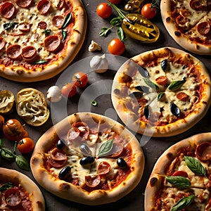 A Tempting Pepperoni Pizza Adorned with Black Olives and Basil, Surrounded by Essential Italian Cooking Staples on a Dark, Rustic photo