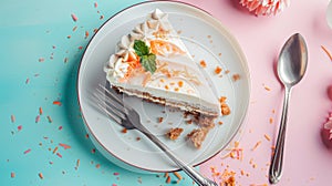 Delicious carrot cake slice with cream cheese frosting on a pastel background