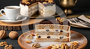 Delicious Walnut Cake Slice with Coffee and Nuts