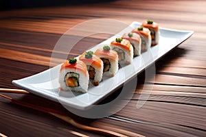 Tempting Sushi Treat: Close-Up of Expertly Crafted Sushi Roll in Food Photography with Generative AI