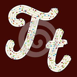 Tempting typography. Font design. 3D letter T of the whipped cream and candy photo