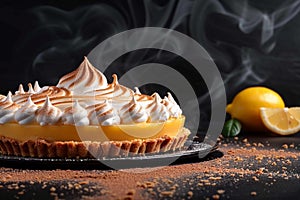 Tempting treat Lemon Meringue Pie showcased on dark background with text photo