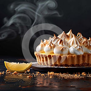 Tempting treat Lemon Meringue Pie showcased on dark background with text photo