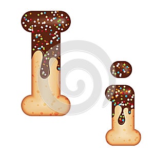 Tempting typography. Font design. 3D donut letter I glazed with chocolate cream and candy