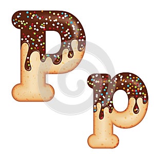 Tempting typography. Font design. 3D donut letter P glazed with chocolate cream and candy