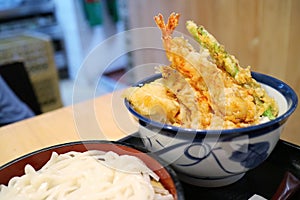 Tempura don, bowl of rice topped with tempura. Japanese traditional food. selective focus