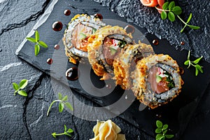 Tempura Maki Set, Deep Fried Sushi Rolls with Salmon and Philadelphia Cheese, Tuna Fish