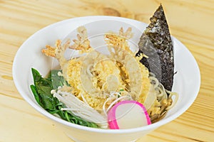 Tempura Ramen ebi Shrimp deep fried in creamy pork soup fukuoka Japanese food style served boiled egg decorate with carved veget