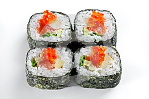 Tempura roll with salmon and red caviar isolated on white. Hot sushi rolls