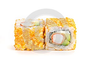 tempura sushi maki with shrimp and avocado isolated on white background