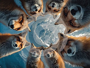 Ten arctic foxes in a circle, against an icy cosmic gradient backdrop, hyperrealistic and cinematic lighting, geometric