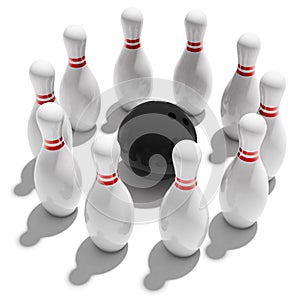 Ten bowling pins and ball