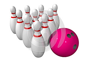 Ten bowling pins with a bowling ball