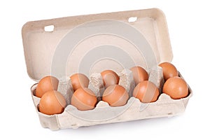 Ten brown eggs in a carton package