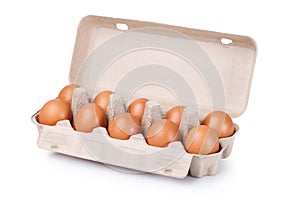 Ten brown eggs in a carton package