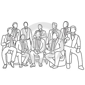 ten businesspeople sitting on sofa illustration vector hand drawn isolated on white background