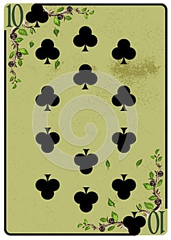 Ten of Clubs playing card. Unique hand drawn pocker card. One of 52 cards in french card deck, English or Anglo-American pattern. photo