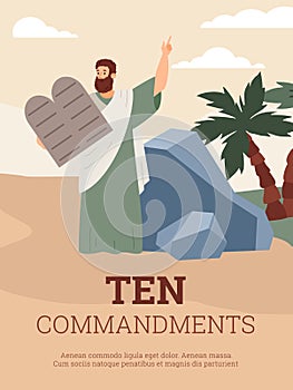 Ten commandments banner or poster with Biblical Moses flat vector illustration.