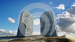 Ten commandments stones, viewed from ground level in dramatic pe photo
