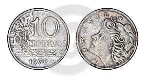 Ten cruzeiros cents brazilian old coin 1970, front and back faces isolated on white background