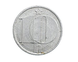 Ten czechoslovakia koruna coin on white isolated background